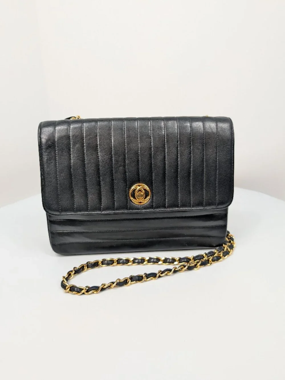 Chanel Vintage Black Vertical Stitch Flap Bag with 24K Circle CC Turn-Lock